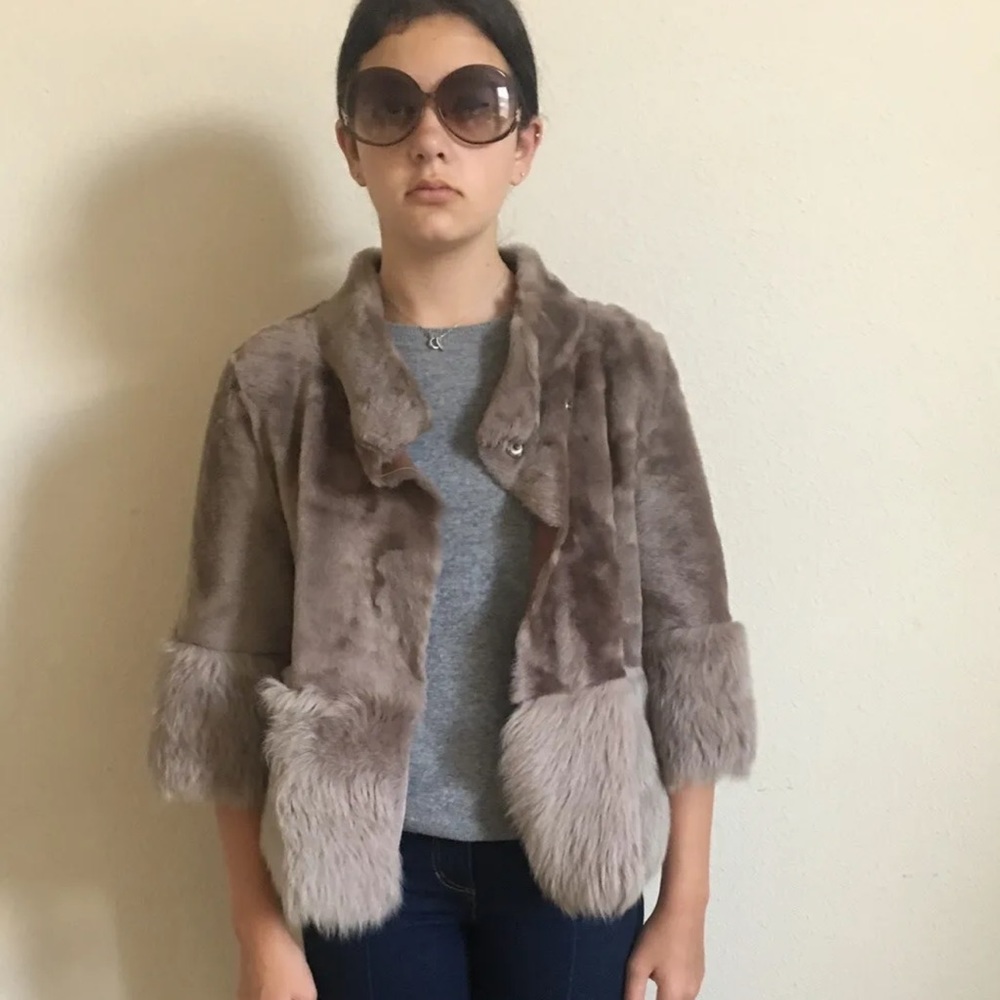 DOROTHEE SCHUMACHER Fur Leather Jacket Coat Reversible Cropped Tan Size Medium 4